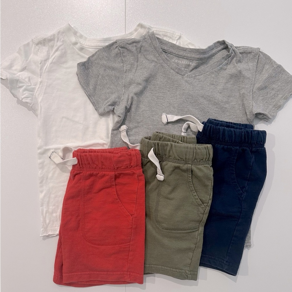 Gray and White T-Shirts with Red, Green, and Navy Shorts Set